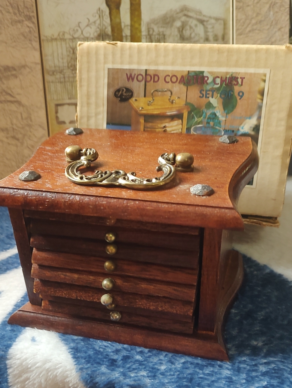 Wood Coaster Chest Set of 9 -vintahe Dark Brown Wooden Box - Picture 9 of 13